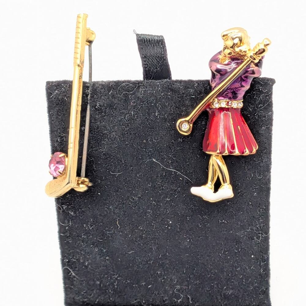 Lady Golfer Brooch Women 1.5in Purple Pink Enamel Gold Tone Golf Club  READ